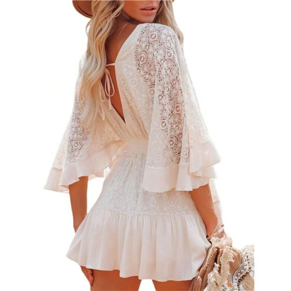 Boho Women's Lace Floral V Neck Button Short Mini Dresses Somcked Waist - Picture 8 of 9